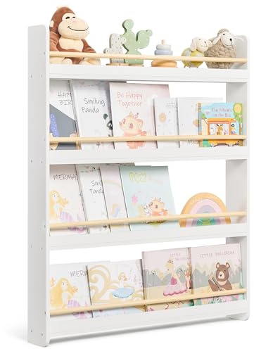 SONGMICS Étagère à Livres pour Enfants, Bibliothèque à 4 Niveaux, Étagère Murale à Jouets, pour Chambre d’Enfant, Salle de Jeux, Blanc et Naturel GKR014W01