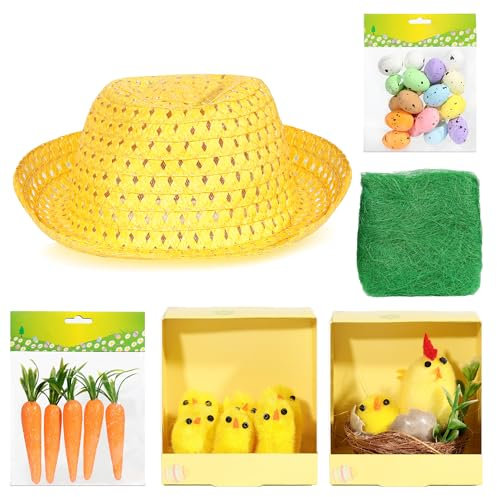 Make Your Own Easter Bonnet Kit - Kids Easter Bonnet Hat with Easter Chicks Easter Grass Easter Eggs Decorations Easter Carrots Easter Bonnet Decorations - Easter Crafts for Kids Easter Hat (Yellow)