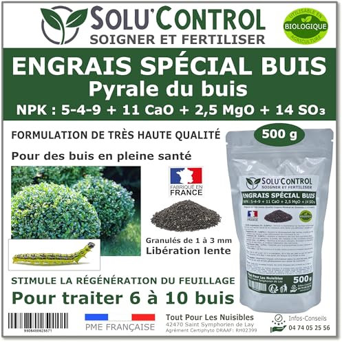 Engrais Spécial Buis 500 g - SoluControl - Formulation haute qualité Organo-Minerale - Idéal après attaque de la chenille de la Pyrale ou maladies du buis