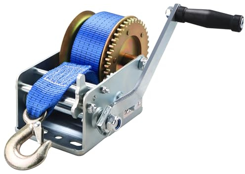 FreeTec Handseilwinde mit 10m Gurtband 2500LbS, Seilwinde mit Bremse für Werkstatt, Garage, Anhänger, Gurtwinde für Boote, Anhänger, Fahrzeuge, LKW, Karawanen