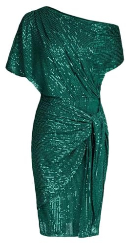 Ladies's Sequin Sparkly Glitter Club Dress One Shoulder Ruched Bodycon 80s Fancy Dress for Women UK (Green, L)