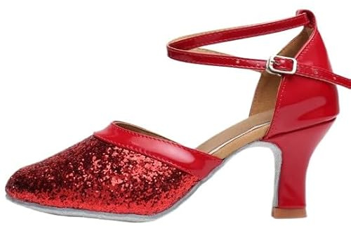 Hhhchpm Womens Latin Dance Shoes Heeled Ballroom Salsa Tango Party Flamenco Latin Sequin Comfortable Non-Slip Dance Shoes (Red-1.97in,6.5)