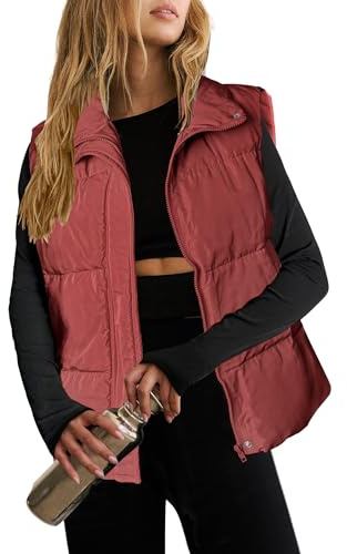 Zeagoo Gilet Donna Smanicato Invernale Elegante Termico Giacca Trapuntata Casual Imbottito da Esterno Leggero Gilets Primaverile Autunno con Cerniera e Tasche Rosso S