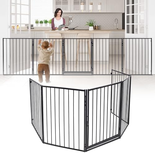 Suusolny KinderKaminLaufstall 305cm Kaminschutzgitter mit Tür Metall Kamingitter Faltbar Schutz Absperrgitter für Kinder Haustier inkl. 5 Elementen