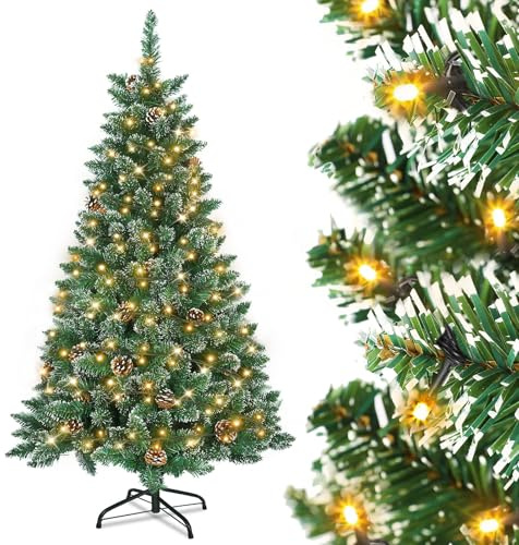 UISEBRT Albero di Natale artificiale con illuminazione a LED, 240 cm, con ghirlanda luminosa e supporto, decorazione natalizia in PVC verde con effetto neve e pigne