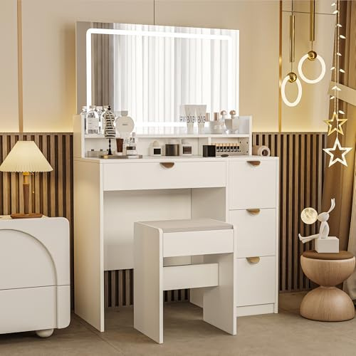 Sminkbord med LED-spegel och pall, justerbar ljusstyrka, med uttag och USB, med hårtork, 4 lådor, öppen förvaring, modernt (vit, 90 × 40 × 140)