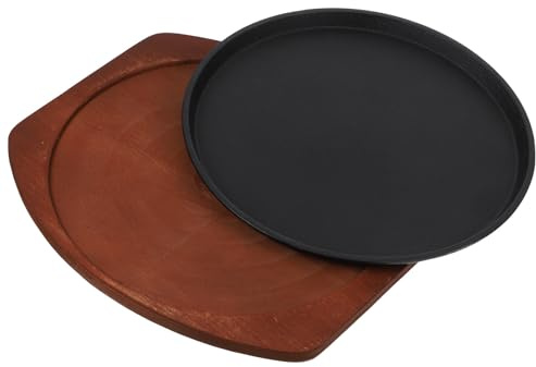 Veemoon Padella per Bistecca in Ghisa 25 Cm Vassoio in Legno, Piastra da Cucina per Grigliare e Portata Calda, Piatto da Bistecca per Uso Domestico e Ristorante