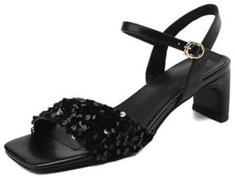 Generico Donna Punta Aperta Slingback Sandali Estivi Cinturino alla Caviglia Décolleté da Sposa con Fibbia Tacco Medio Grosso Scarpe da Ballo Festa Serale,Nero,36 EU