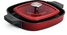 Woll Iron Gusseisen Grillpfanne viereckig mit Rillen, inkl. Steakpresse und Silikongriffen - Induktiv -, 24 x 24 cm, 4,5 cm hoch - Geeignet für alle Herdarten, backofenfest bis zu 250°, rot