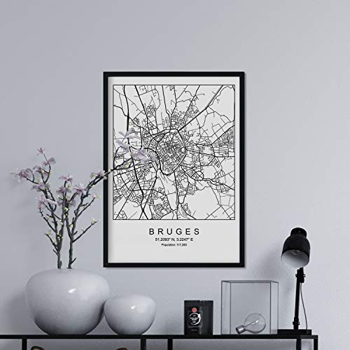 Stadskaart van de Scandinavische stijl van Brugge afdrukken in zwart-wit. Posterframe op A3-formaat Het bedrukte papier Geen 250 gr. Schilderijen, prints en posters voor woonkamer en slaapkamer