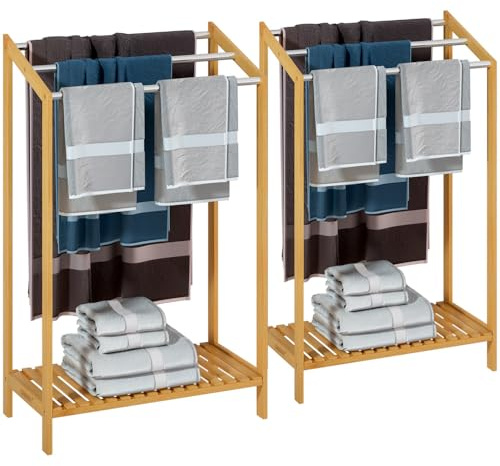 2X Porte-Serviettes en Bambou sur Pied avec 3 Barres en Acier Inoxydable Étagère de Rangement Salle de Bain