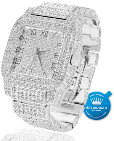HALUKAKAH Reloj de Oro con Diamantes Moissanite Premium para Hombre - Chapado en Oro Blanco Platino,Resistente Agua,Esfera Cuadrada con Números Romanos,Correa 24cm - Incluye Caja de Regalo