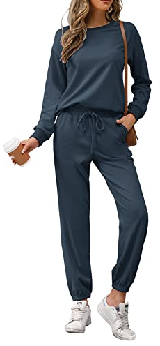 REORIA Womens Long Sleeve Crewneck Solid Color Two Piece Outfit Hoodie Jogger Tracksuit Set Sweatshirt & Sweatpants Navy Blue M