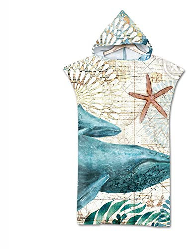 Surwin Hooded Beach Towel Poncho for Adult Unisex, Modern Printing Hooded Microfiber Changing Robe Hooded Robe Bathrobe Swimming Summer Surfing Beach Towel Travel (Whale,75x110cm)