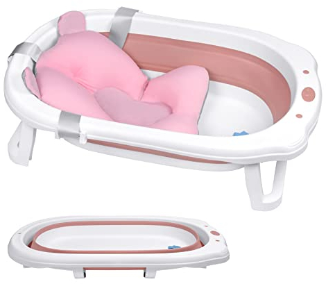 YARDIN Bañera para bebés de 0 a 8 años de edad, plegable, con red de baño, segura y antideslizante, ahorra espacio, adecuada para bebés y recién nacidos, color rosa