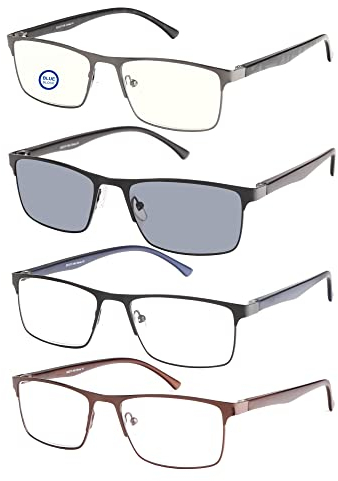 OEN 4er-Pack Lesebrille Herren, Rechteckiges Metallgestell, Blaulichtschutz,Federscharniere,Enthalten Sonne Lesebrille Mehrfarbig 4er Pck. 2.5