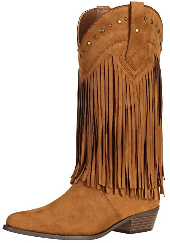 SheSole Damen Western Fransen Stiefel mit Absatz, Mode Frauen Halbhohe Cowgirl Cowboystiefel Braun