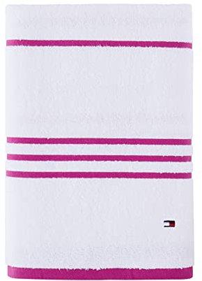 Tommy Hilfiger Modernes Badetuch mit amerikanischen Streifen, 76,2 x 137,2 cm, 100% Baumwolle, 574 g/m² (Weiß/Himbeere)