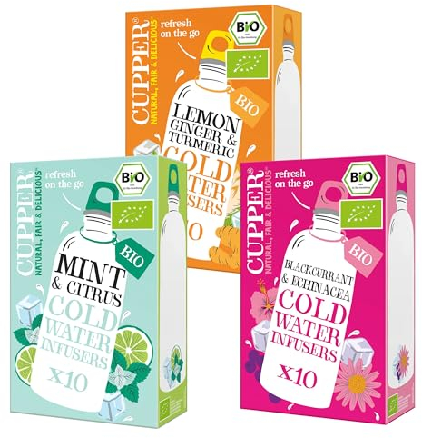 Cupper Bio Cold Water Infuser Box, 3 Sorten, Minze, Zitrone-Ingwer & Johannisbeere, Wasser mit Geschmack, Cold Brew, Kalter Tee, 30 umweltfreundliche Teebeutel, fair gehandelt