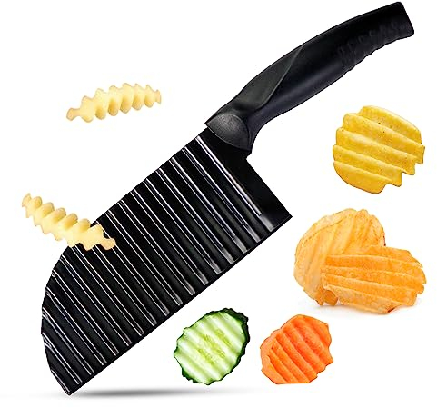 Quelcc Coltello Taglio Ondulata, Coltello Taglia Patate, Coltello Ondulato in Acciaio Inox per Patate, Cetrioli, Carote, Frutta, Verdura e Insalata(Nero)