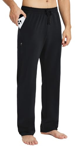baleaf Pantalon de Jogging Large en Coton pour Homme - Loisirs, Jambe Droite, Sport, Yoga - Survêtement Classique avec Poches, Noir-1, L