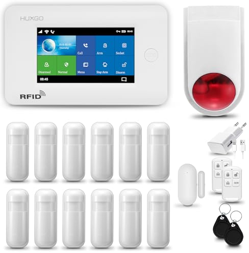 HUXGO® HXA006 Sistema di allarme casa senza fili con radio Sirena solare esterna WiFi + GSM 4G | kit con 1x sensori di allarme per finestre/portes, 12x rilevatori di movimento