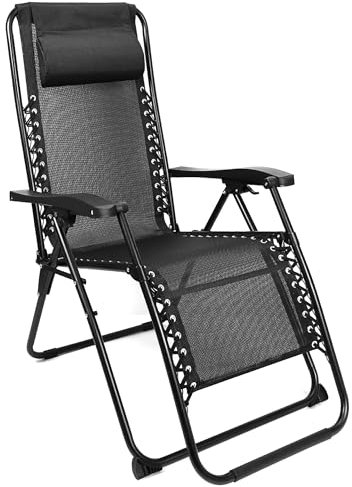 FUREINSTORE Tumbonas Plegables para Exterior -Diseño de Gravedad Cero para Jardín, Playa, Piscina y Terraza -Construcción en Acero Ligero y Reposacabezas Incluido (Negro)