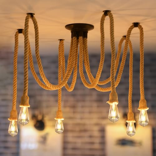 ANWIO 6 Heads Spider Light Chandelier,Pendant Lighting Ceiling,DIY Spider Rope Ceiling Lights,Bedroom Light Shades,Industrial Hanging Ceiling Lights,Hanging Light Fitting,Loft Lighting（1PCS）