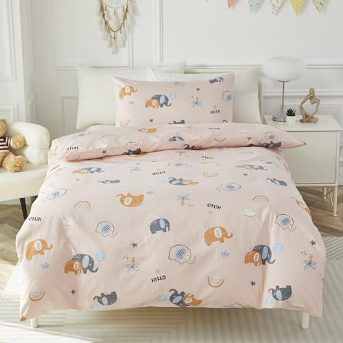 HMtideby Pink Elephant Toddler Kids Bedding Set for Girls and Boys, Cot Bed Duvet Cover with Pillowcase, 2 pcs, 120 x 150 cm