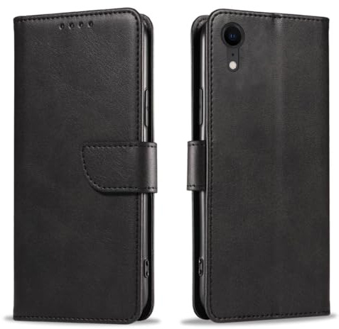 Meliya Coque pour iPhone XR, Housse Premium en Cuir PU, Étui à Rabat avec Boucle, Coque de Portefeuille, Fermeture Magnétique, Étui avec Support pour iPhone XR (Noir)