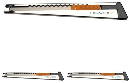 Fiskars Profi-Cuttermesser aus Metall, Flach, 9 mm, Orange/Metall, 1004619 (Packung mit 3)