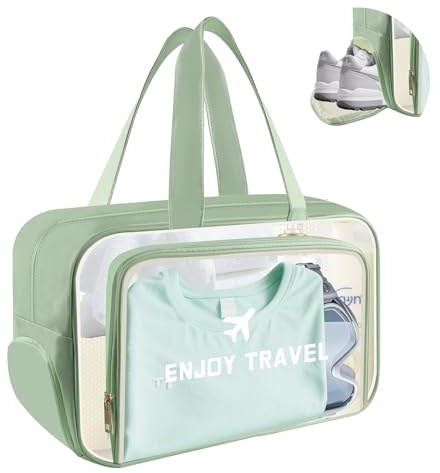 Clear Toiletry Bag, Large Capacity Waterproof Transparent Makeup Cosmetic PVC Bag with Shoe Compartment and Wet Pocket for Women Girls Men (Green)