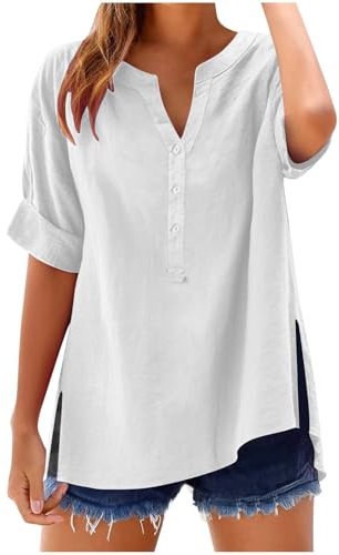 Womens Tops Cotton Linen Shirts Summer V Neck Button Up Short Sleeve Ladies Blouse T-Shirts Solid Color Work Casual Oversized Loose Blouses Daily Women Top Cloth Sale UK Plus Size 14 16 18 22 White