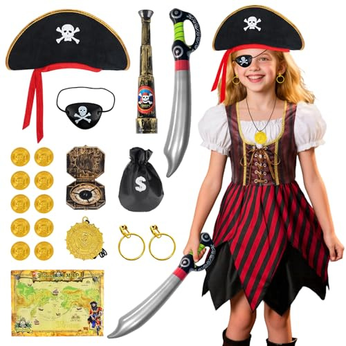 TOSZOLY Costume Pirata Bambino, Vestito Pirata Bambina con Cappello Pirata Accessori, Piratas Cosplay Vestiti Carnevale, Vestito Piratas Bambina per Cosplay Party Halloween Natale