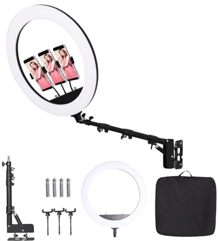 FEIFANTEAM Soporte de pared con anillo de luz de 25 pulgadas con soporte para teléfono móvil, brazo triangular ajustable, soporte de luz de techo para estudio de iluminación fotográfica, transmisión
