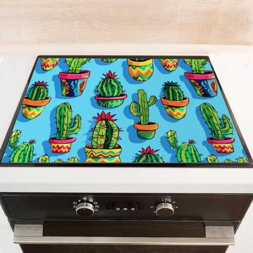 Diatomite Stove Top Covers 28x20 inches Dust-Proof Dish Drying Mat for Gas and Electric Ranges-Cacti In Pots With Mexican Patterns And Shapes