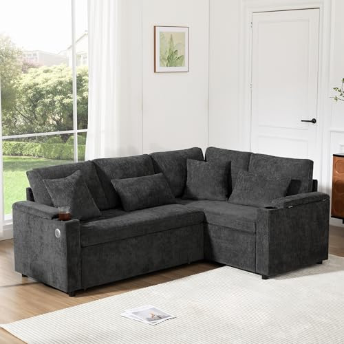 Divano angolare estraibile a forma di L, Canapé Convertible con vano portaoggetti, portabicchieri, porta di ricarica USB, ripiano bracciolo e due cuscini. Beige/Grigio scuro (grigio scuro, 206,5*141