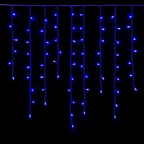 IXTRIMA Tenda Luminosa 200 LED, 5Mt, Luce Blu, Cavo Bianco, IP65, Prolungabile, Effetto Flash, Con fili pendenti a lunghezze alternate (30–70–40–60 cm) per effetto a cascata