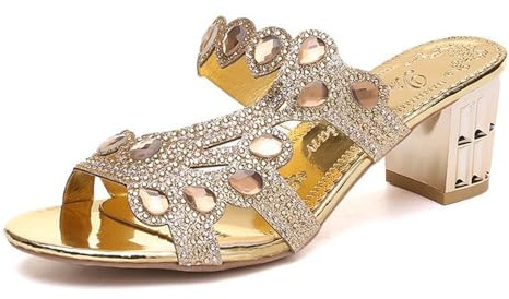 2026 Sandali romani estivi da donna con cinghie di strass tacco medio alto scarpe comode per il tempo libero scarpe da spiaggia per feste all'aperto matrimonio, gold, 42 EU Larga