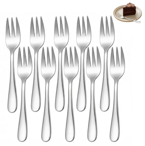 Juego de 10 tenedores de postre de acero inoxidable resistente, 14 cm, plateados pulidos, tenedores pequeños para pastelería y postres dulces