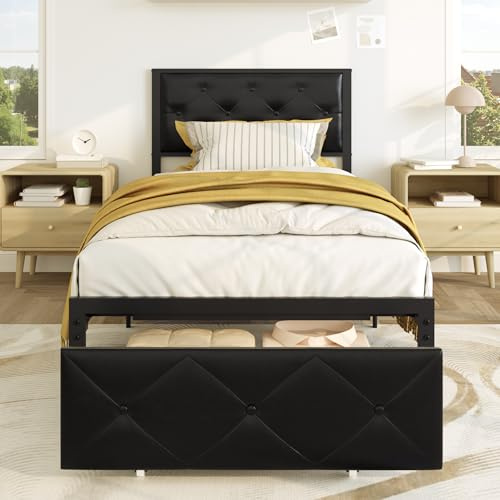 Vendricasa Single Bed Frame, Metal Bed Frame Single 90 x 190 cm with Charging Station (1 AC Socket, 1 USB‑A, 1 Type‑C Port) and Upholstered Headboard, Wheeled Basket, Easy Assembly