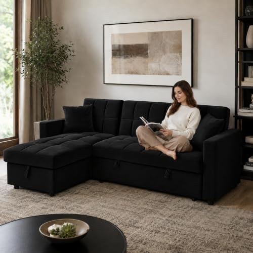 IBERA HOME Sofá Cama Chaise Longue 3 Plazas Kris 210 x 145 cm, Cheslong Reversible con Arcón y Almacenamiento, Sistema de Arrastre, Tapizado Terciopelo Negro, Armazón Pino Macizo, Salón