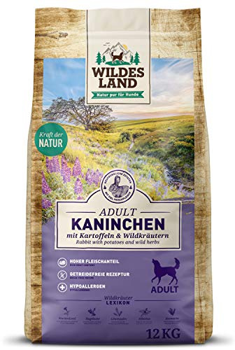 Wildes Land - Nr. 4 Kaninchen - 12 kg - mit Kartoffeln und Wildkräutern - Glutenfrei - Trockenfutter für Hunde - Hundefutter mit hohem Fleischanteil - Hohe Verträglichkeit