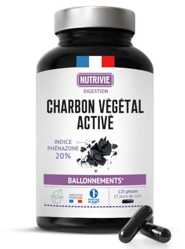 Charbon Végétal Activé 2120 mg - Haute Capacité d'Absorption - Issu de Noix de Coco – Ballonnements, Ventre gonflé & Flatulences - 100% Naturel – Fabriqué en France - 120 Gélules - Nutrivie