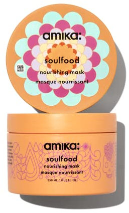 amika soulfood nourishing hair mask - hydrating hair care for dry, damaged strands - lightweight deep conditioner enriched with jojoba seed oil + seabuckthorn - restores softness + shine (250 ml)