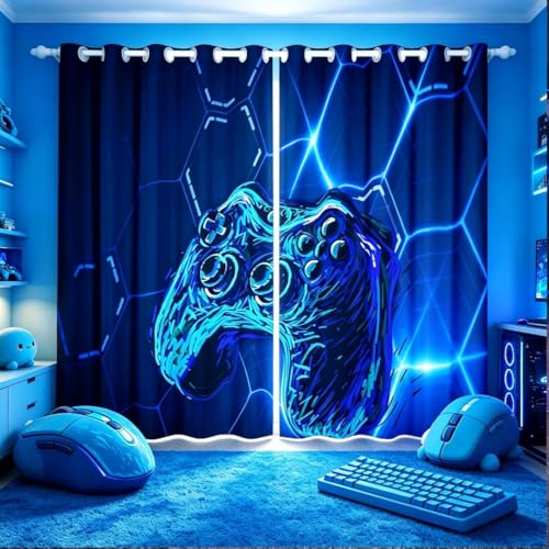 Loussiesd - Tende per finestra, a tema gaming/videogiochi, per camera da letto e soggiorno, per ragazzi e bambini, motivo: gamepad/joystick, tenda decorativa, colore: blu, 117 x 183 cm (larghezza x