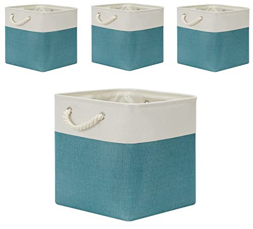 Temary Fabric Storage Baskets Set of 4 - 13x13 Cube Baskets for Shelf, Large Storage Bins for Organizing, Gift (White & Teal)