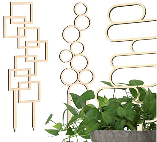 Decorify 3 Pezzi Supporto per Piante da Appartamento - Traliccio in Legno Spessore 6 mm - Supporto per Piante Rampicanti in Vaso - 40,5/40,5/39 cm - Frame/Levels/Bubble - Colore Naturale