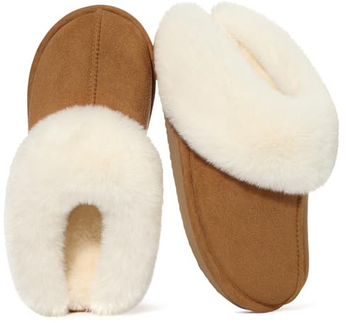 Litfun Fuzzy House Slippers for Women Fluffy Memory Foam Suede Slippers with Faux Fur Collar Indoor Outdoor, Brown Size 6.5-7