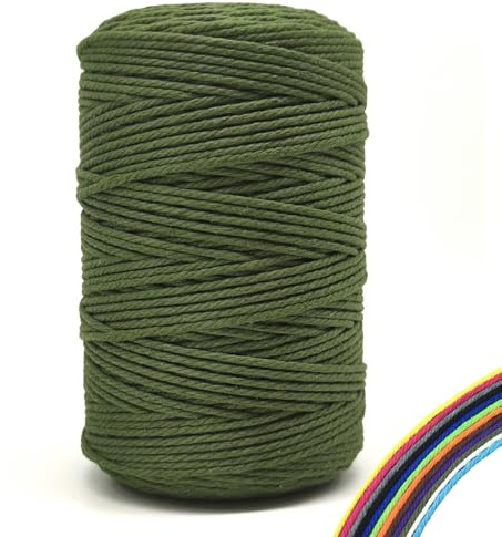 FORBELL Filato macramè, 3 mm x 300 m, filato di cotone premium, per fai da te (verde militare, 3 mm x 300 m)